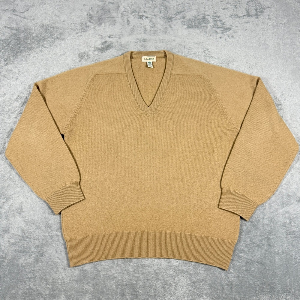 Vintage LL Bean Mens M V-Neck Sweater Tan Lambswool Made in Ireland Raglan